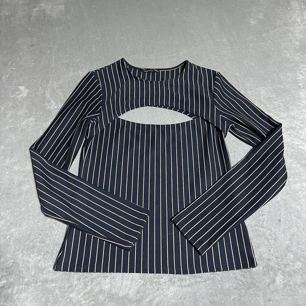 Zara Top Womens Medium Peekaboo Cut Out Fitted Navy Striped Long‎ Sleeve